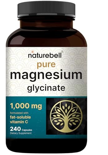 NatureBell Reines Magnesiumglycinat 1.000 mg, 240 vegane Kapseln | Chelat-Magnesium mit Vitamin C – Non-GMO, füllstofffrei, cGMP hergestellt