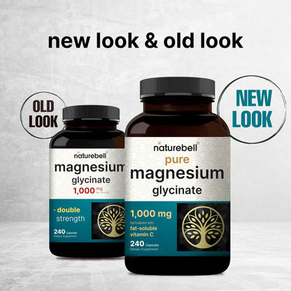 NatureBell Reines Magnesiumglycinat 1.000 mg, 240 vegane Kapseln | Chelat-Magnesium mit Vitamin C – Non-GMO, füllstofffrei, cGMP hergestellt