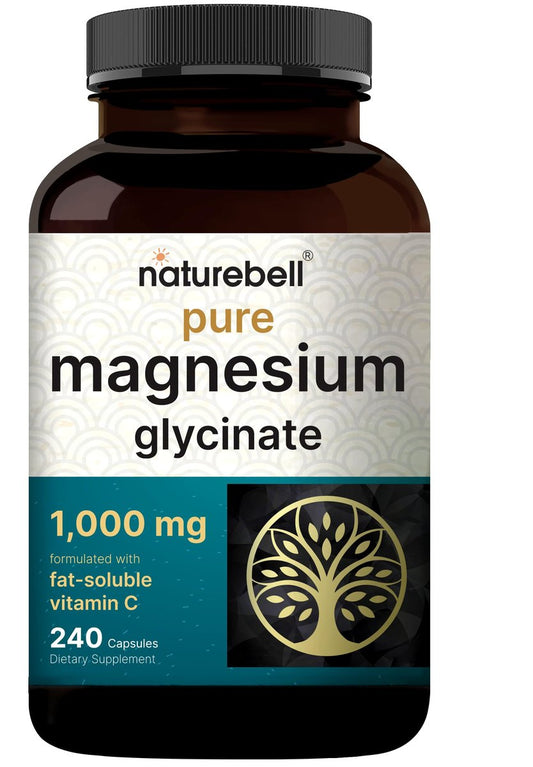 NatureBell Reines Magnesiumglycinat 1.000 mg, 240 vegane Kapseln | Chelat-Magnesium mit Vitamin C – Non-GMO, füllstofffrei, cGMP hergestellt
