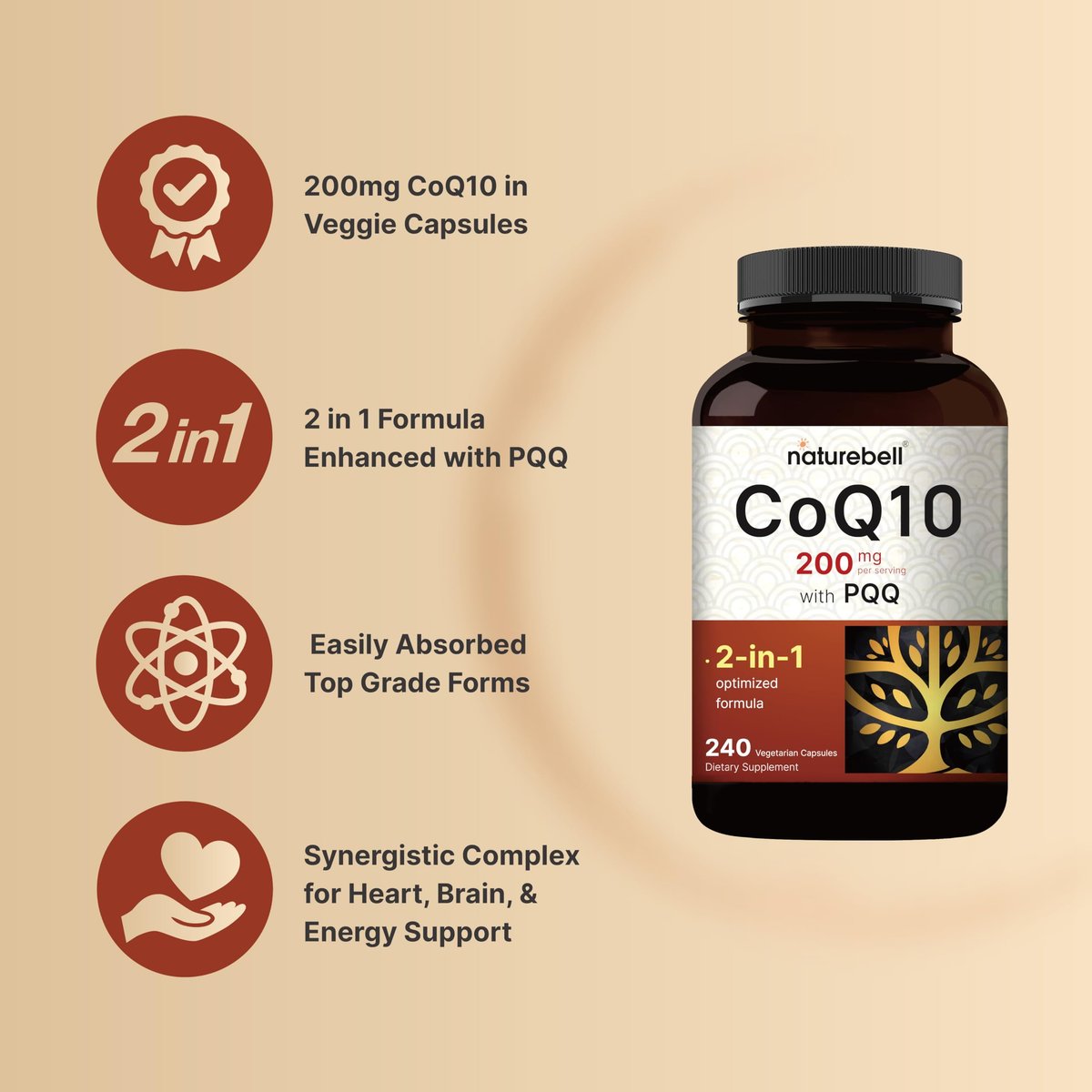 NatureBell CoQ10 200 mg mit PQQ, 240 vegane Kapseln – Stabile, hochabsorbierbare Form – Antioxidantien-Unterstützung für Herz und Energie – Hochdosiertes Coenzym Q10 Supplement