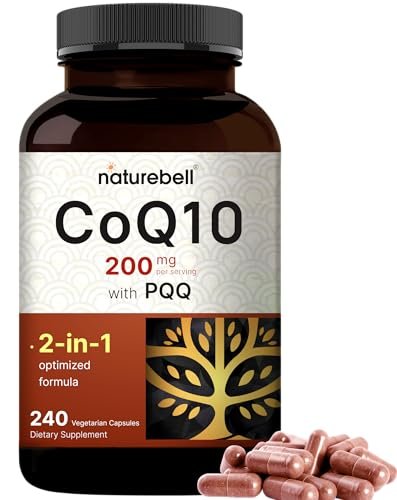 NatureBell CoQ10 200 mg mit PQQ, 240 vegane Kapseln – Stabile, hochabsorbierbare Form – Antioxidantien-Unterstützung für Herz und Energie – Hochdosiertes Coenzym Q10 Supplement