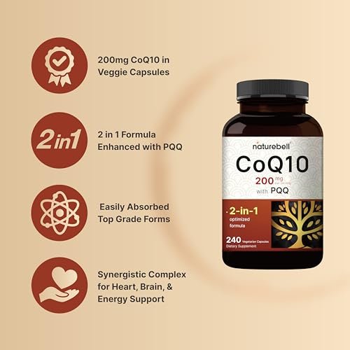 NatureBell CoQ10 200 mg mit PQQ, 240 vegane Kapseln – Stabile, hochabsorbierbare Form – Antioxidantien-Unterstützung für Herz und Energie – Hochdosiertes Coenzym Q10 Supplement