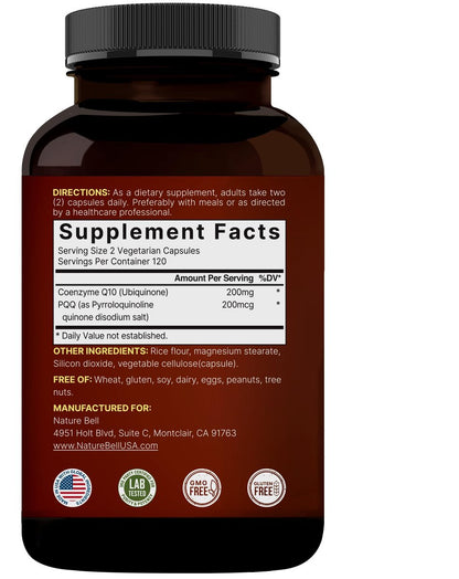 NatureBell CoQ10 200 mg mit PQQ, 240 vegane Kapseln – Stabile, hochabsorbierbare Form – Antioxidantien-Unterstützung für Herz und Energie – Hochdosiertes Coenzym Q10 Supplement