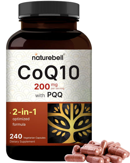 NatureBell CoQ10 200 mg mit PQQ, 240 vegane Kapseln – Stabile, hochabsorbierbare Form – Antioxidantien-Unterstützung für Herz und Energie – Hochdosiertes Coenzym Q10 Supplement