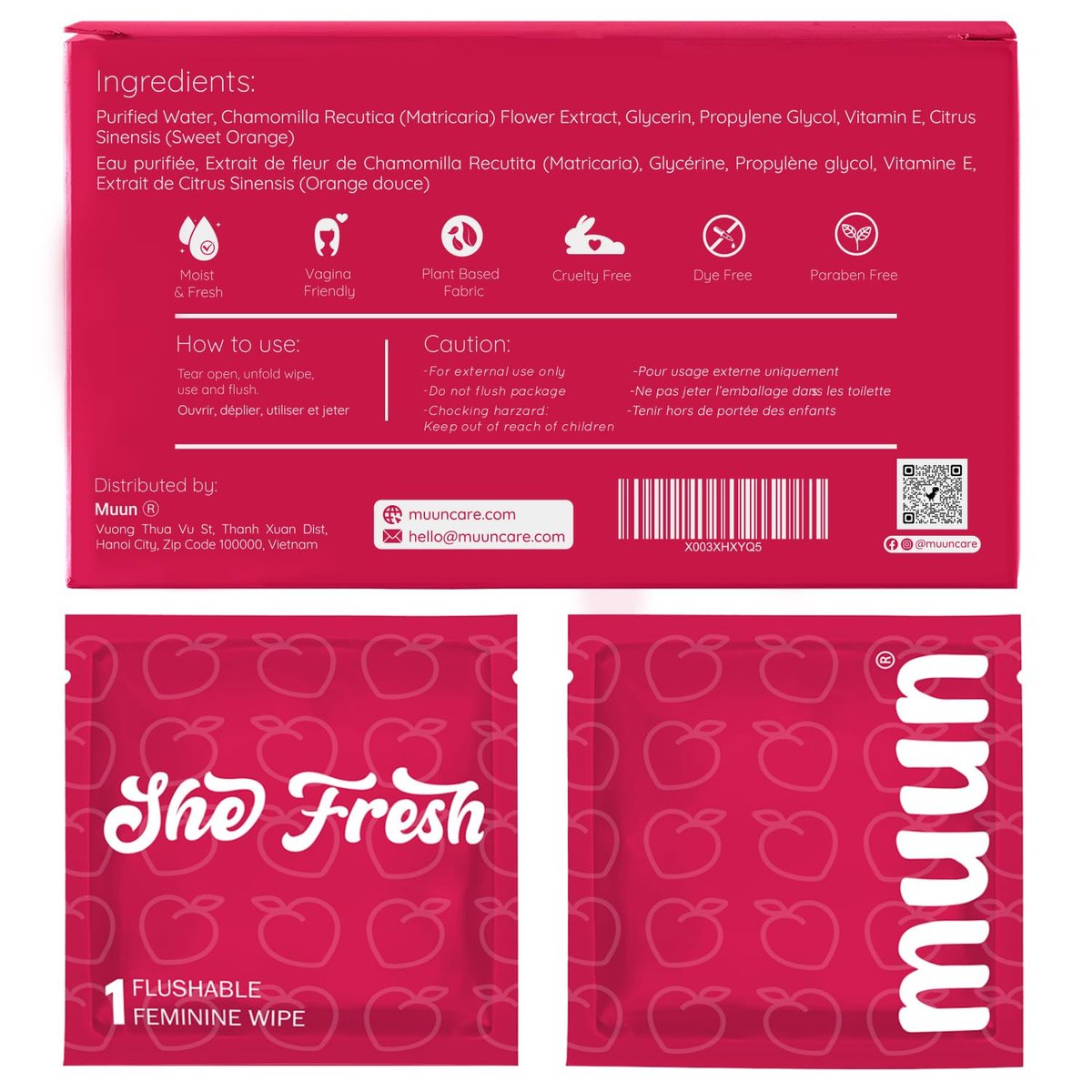 Muun Feminine Wipes Spülbar – 50 einzeln verpackte Intimtücher pH-ausgeglichen, Anti-Juckreiz, Deodorant, für persönliche Reinigung, für Intimbereich und Po