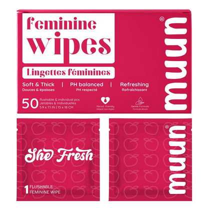 Muun Feminine Wipes Spülbar – 50 einzeln verpackte Intimtücher pH-ausgeglichen, Anti-Juckreiz, Deodorant, für persönliche Reinigung, für Intimbereich und Po