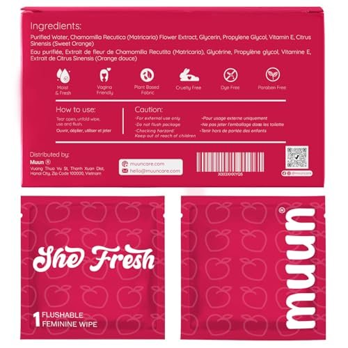 Muun Feminine Wipes Feuchttücher für Damen, 120 einzeln verpackte Tücher, pH-ausgeglichen, gegen Juckreiz & Geruch, sanfte Intimreinigung, pflanzlich