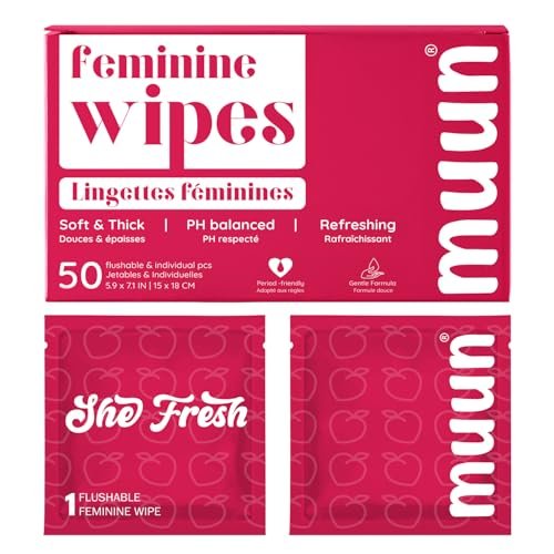 Muun Feminine Wipes Spülbar – 50 einzeln verpackte Intimtücher pH-ausgeglichen, Anti-Juckreiz, Deodorant, für persönliche Reinigung, für Intimbereich und Po