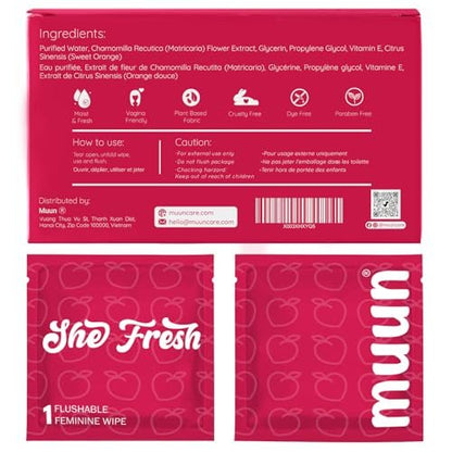 Muun Feminine Wipes Spülbar – 50 einzeln verpackte Intimtücher pH-ausgeglichen, Anti-Juckreiz, Deodorant, für persönliche Reinigung, für Intimbereich und Po