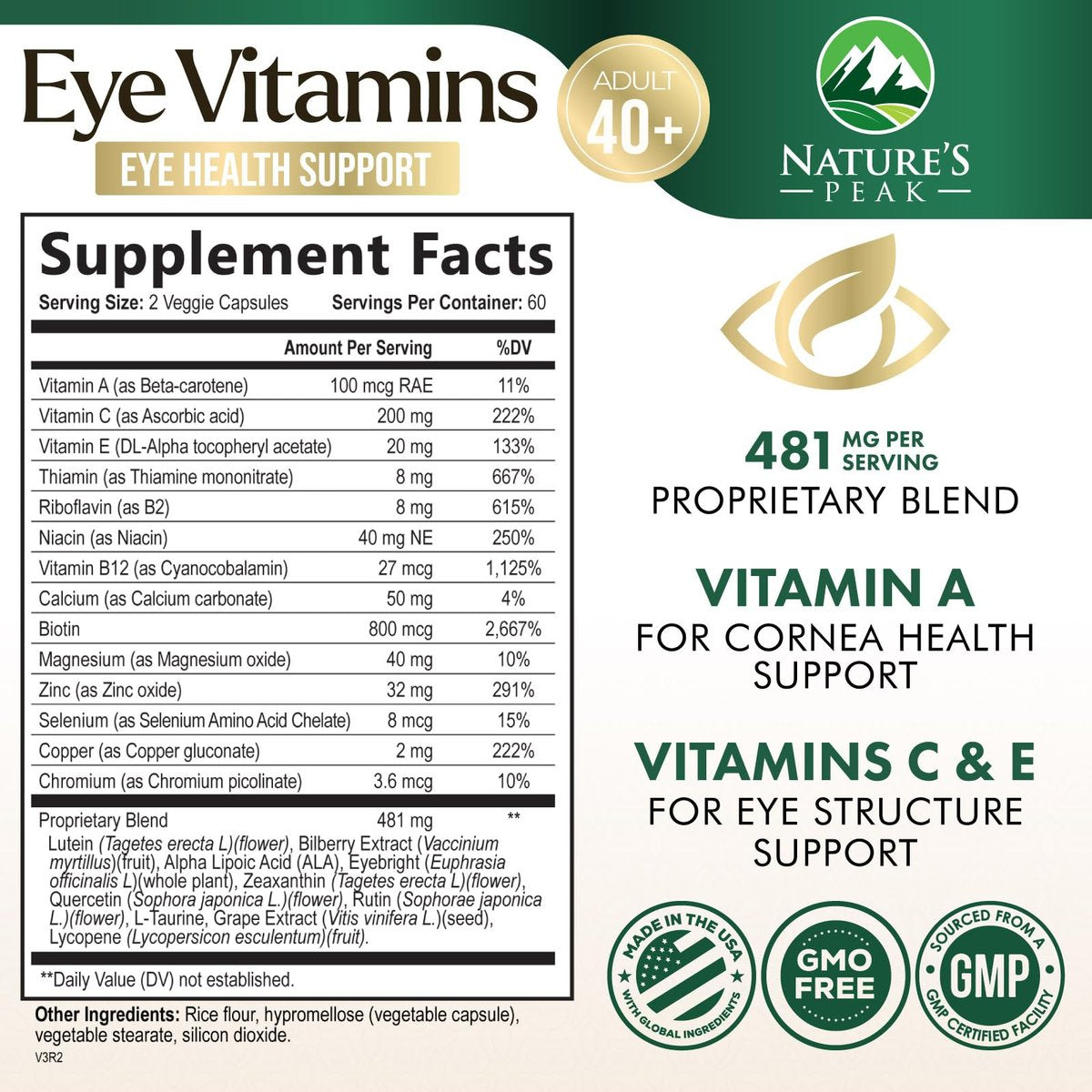 Nature's Peak 3-fach Stärke Augen Vitamin mit Lutein und Zeaxanthin - Unterstützt Sehkraft, Makulagesundheit & trockene Augen - mit Zink, Vitamin C, E & Mineralien - 120 Kapseln
