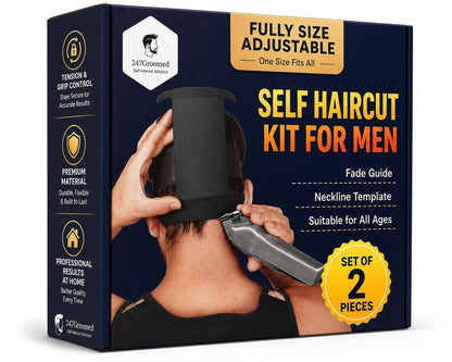 247 Groomed Selbsthaarschnitt-Set für Männer | 2-teiliger Selbstschneide-Führer: Nackenlinien-Schablone & Fade-Führer | Verstellbarer Haarfade-Tool & Stabile Nackenlinien-Aufstellung | Haarschnitt für Kinder & Senioren