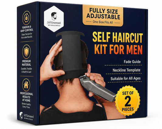 247 Groomed Selbsthaarschnitt-Set für Männer | 2-teiliger Selbstschneide-Führer: Nackenlinien-Schablone & Fade-Führer | Verstellbarer Haarfade-Tool & Stabile Nackenlinien-Aufstellung | Haarschnitt für Kinder & Senioren