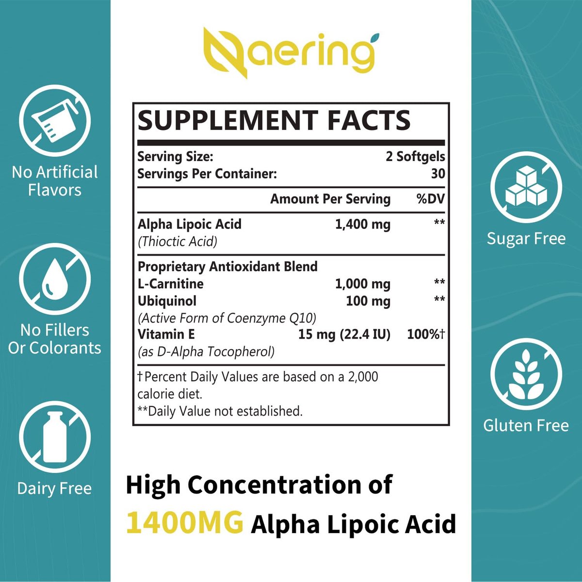 Liposomale Alpha-Liponsäure 1400 mg + L-Carnitin 1000 mg + Ubiquinol 100 mg + Vitamin E – 60 Softgels | Naering
