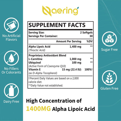 Liposomale Alpha-Liponsäure 1400 mg + L-Carnitin 1000 mg + Ubiquinol 100 mg + Vitamin E – 60 Softgels | Naering