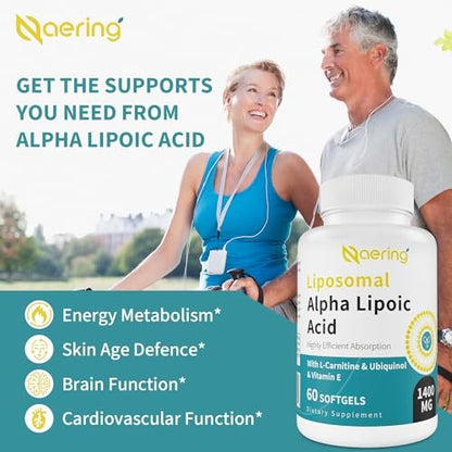 Liposomale Alpha-Liponsäure 1400 mg + L-Carnitin 1000 mg + Ubiquinol 100 mg + Vitamin E – 60 Softgels | Naering
