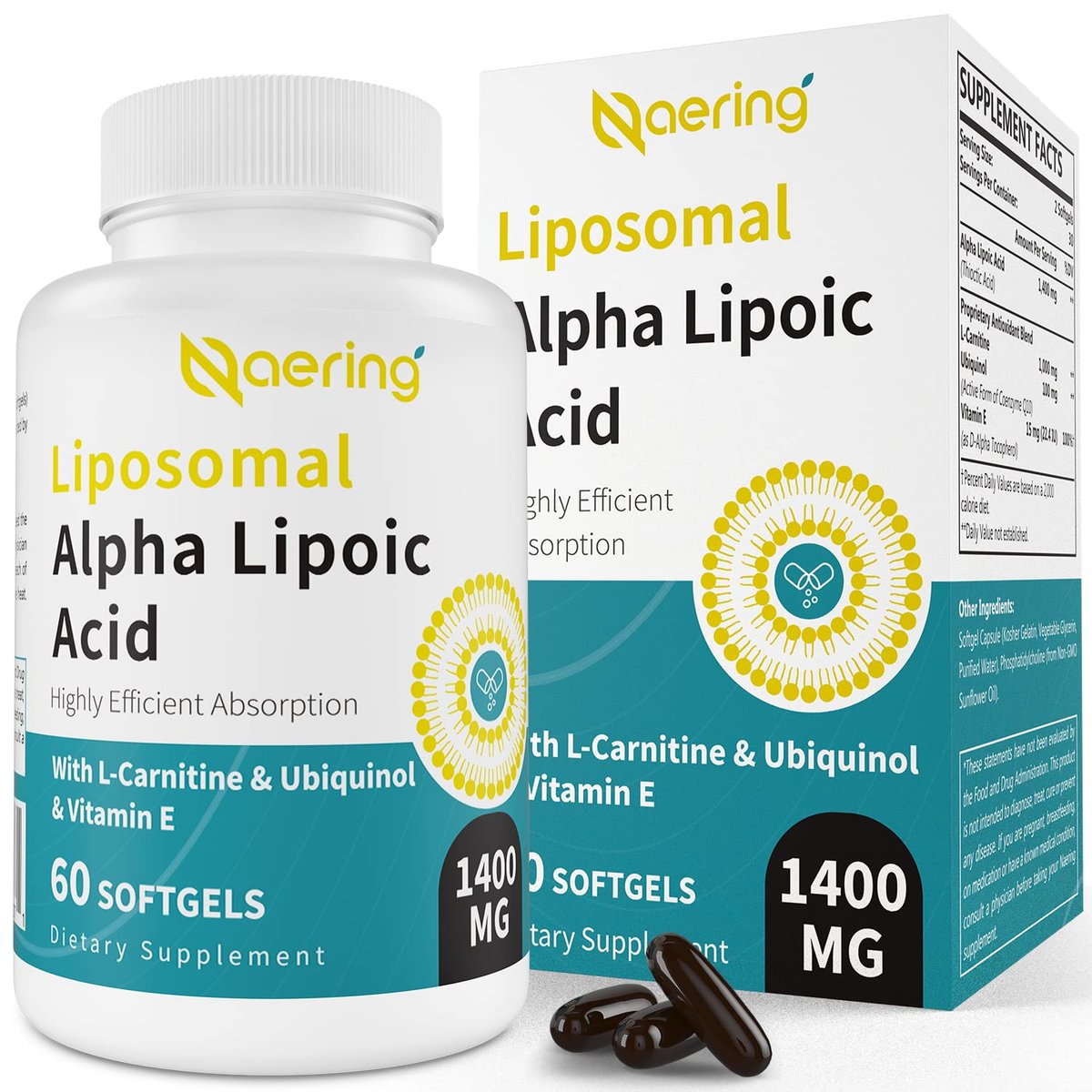 Liposomale Alpha-Liponsäure 1400 mg + L-Carnitin 1000 mg + Ubiquinol 100 mg + Vitamin E – 60 Softgels | Naering