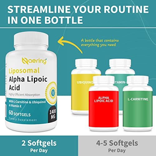 Liposomale Alpha-Liponsäure 1400 mg + L-Carnitin 1000 mg + Ubiquinol 100 mg + Vitamin E – 60 Softgels | Naering