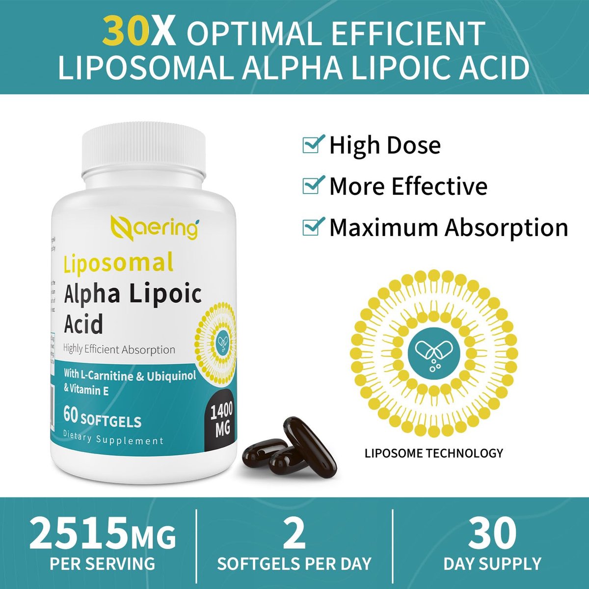 Liposomale Alpha-Liponsäure 1400 mg + L-Carnitin 1000 mg + Ubiquinol 100 mg + Vitamin E – 60 Softgels | Naering