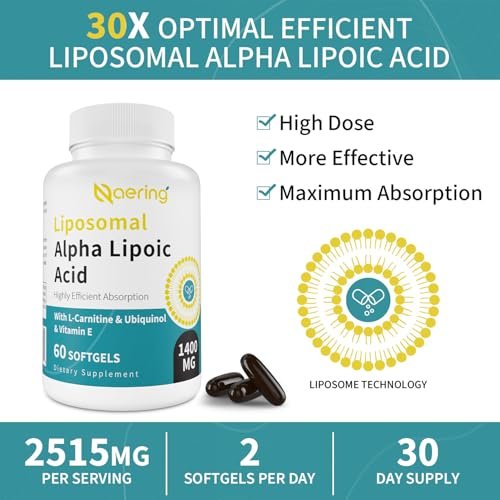 Liposomale Alpha-Liponsäure 1400 mg + L-Carnitin 1000 mg + Ubiquinol 100 mg + Vitamin E – 60 Softgels | Naering