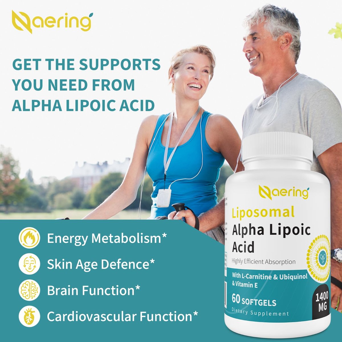 Liposomale Alpha-Liponsäure 1400 mg + L-Carnitin 1000 mg + Ubiquinol 100 mg + Vitamin E – 60 Softgels | Naering