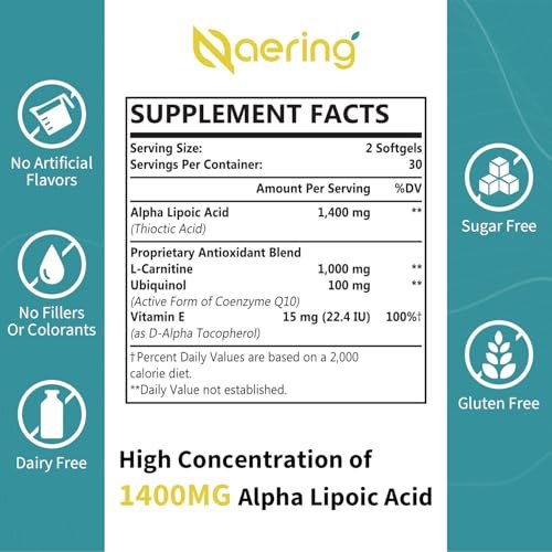Liposomale Alpha-Liponsäure 1400 mg + L-Carnitin 1000 mg + Ubiquinol 100 mg + Vitamin E – 60 Softgels | Naering
