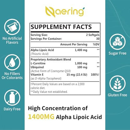 Liposomale Alpha-Liponsäure 1400 mg + L-Carnitin 1000 mg + Ubiquinol 100 mg + Vitamin E – 60 Softgels | Naering