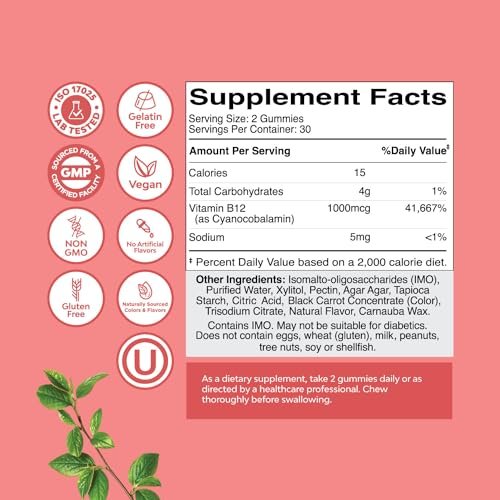 Vitamin B12 Gummies für Erwachsene - Zuckerfreie Vitamin B12 1000 mcg Kaugummis für Energie & Stimmung, Immun- & Nervengesundheit - Koscher, Nicht-GVO & Glutenfrei - für Frauen & Männer - 60 Stück