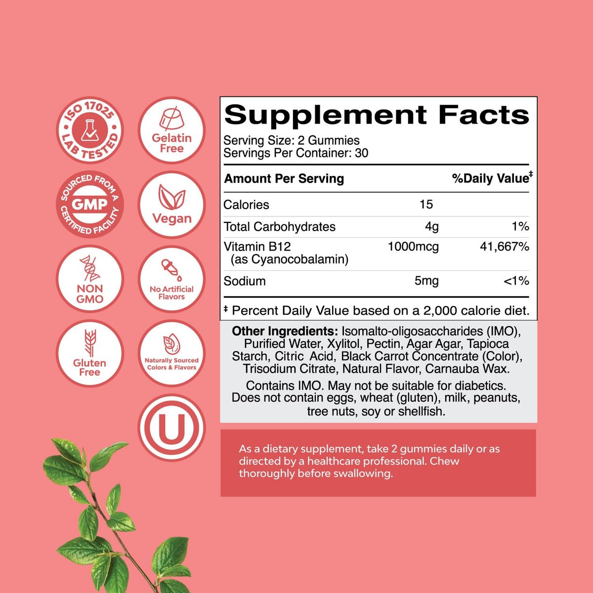 Vitamin B12 Gummies für Erwachsene - Zuckerfreie Vitamin B12 1000 mcg Kaugummis für Energie & Stimmung, Immun- & Nervengesundheit - Koscher, Nicht-GVO & Glutenfrei - für Frauen & Männer - 60 Stück