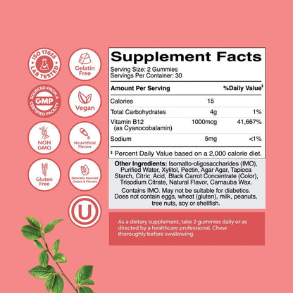 Vitamin B12 Gummies für Erwachsene - Zuckerfreie Vitamin B12 1000 mcg Kaugummis für Energie & Stimmung, Immun- & Nervengesundheit - Koscher, Nicht-GVO & Glutenfrei - für Frauen & Männer - 60 Stück
