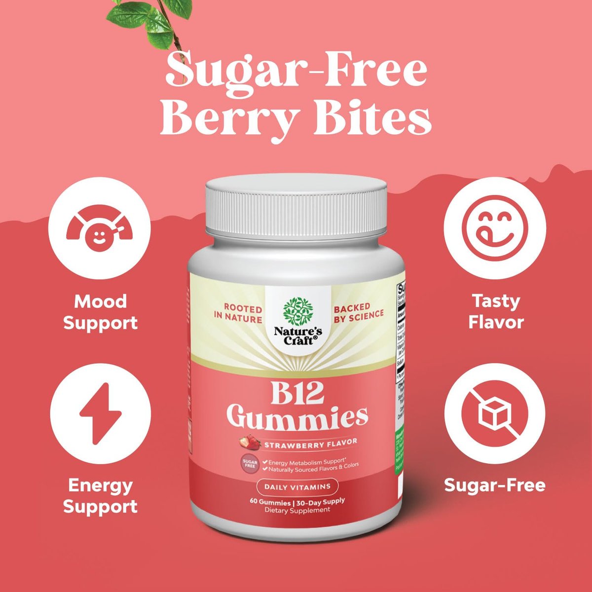 Vitamin B12 Gummies für Erwachsene - Zuckerfreie Vitamin B12 1000 mcg Kaugummis für Energie & Stimmung, Immun- & Nervengesundheit - Koscher, Nicht-GVO & Glutenfrei - für Frauen & Männer - 60 Stück