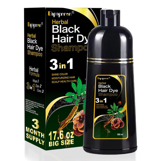 Dapoprren Schwarzes Haarfärbe-Shampoo 3-in-1, Natürliche Färbung zur Abdeckung grauer Haare, Haarfarben-Shampoo für Frauen und Männer, Kräuter-Shampoo für graue Haare - 500 ml / 17 Oz