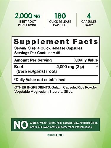 Nature's Truth Rote-Bete-Kapseln | 2.000 mg | 180 Kapseln | Nicht-GVO und glutenfrei