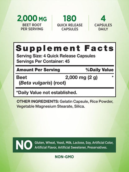 Nature's Truth Rote-Bete-Kapseln | 2.000 mg | 180 Kapseln | Nicht-GVO und glutenfrei