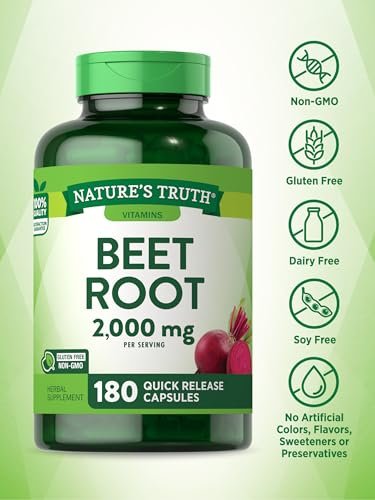 Nature's Truth Rote-Bete-Kapseln | 2.000 mg | 180 Kapseln | Nicht-GVO und glutenfrei