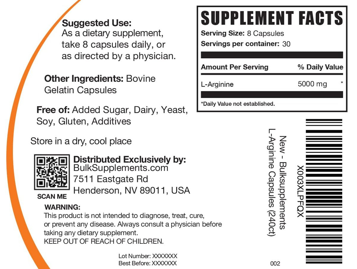 BulkSupplements L-Arginin Kapseln - 5000 mg pro Portion, 240 Kapseln, Glutenfrei, Nitric-Oxid-Supplement