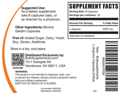 BulkSupplements L-Arginin Kapseln - 5000 mg pro Portion, 240 Kapseln, Glutenfrei, Nitric-Oxid-Supplement