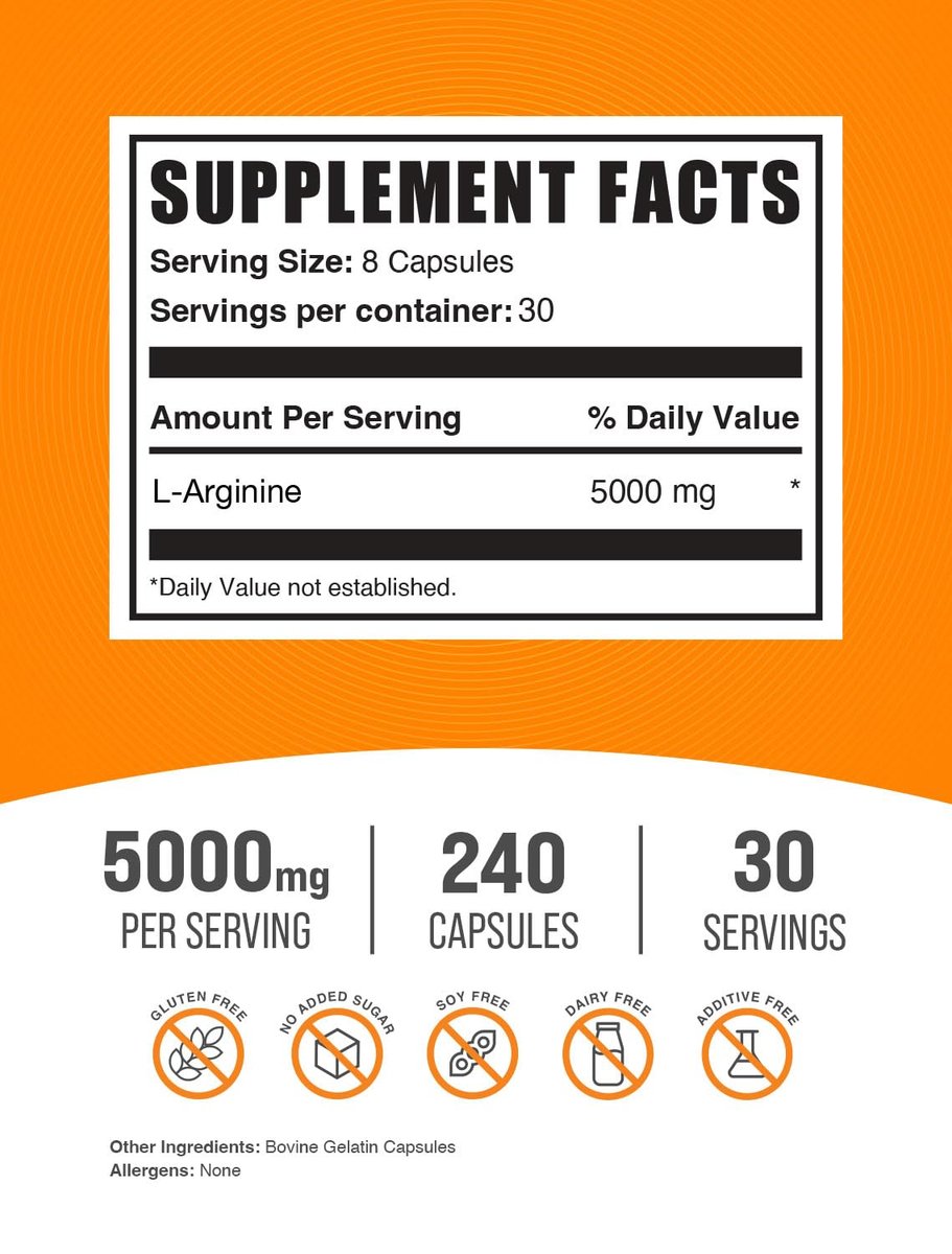 BulkSupplements L-Arginin Kapseln - 5000 mg pro Portion, 240 Kapseln, Glutenfrei, Nitric-Oxid-Supplement