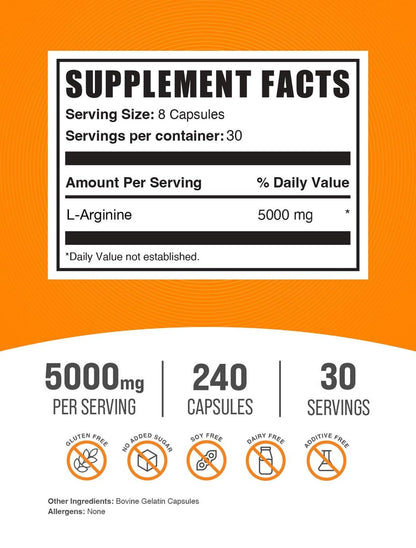 BulkSupplements L-Arginin Kapseln - 5000 mg pro Portion, 240 Kapseln, Glutenfrei, Nitric-Oxid-Supplement