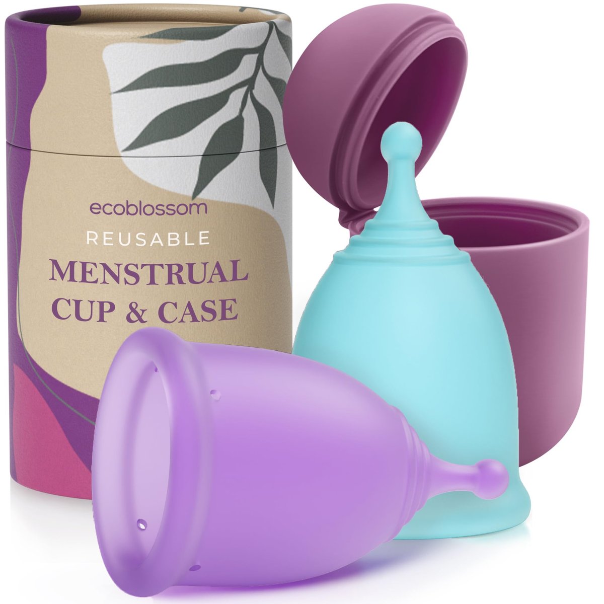 EcoBlossom Wiederverwendbare Menstruationstasse mit Aufbewahrungsbox – Medizinisches Silikon, 12 Stunden Schutz, Große Größe (2er-Pack)