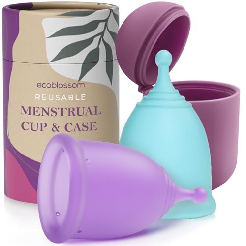 EcoBlossom Wiederverwendbare Menstruationstasse mit Aufbewahrungsbox – Medizinisches Silikon, 12 Stunden Schutz, Große Größe (2er-Pack)