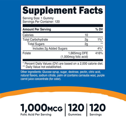 Nutricost Folsäure (Vitamin B9) Vegane Gummibärchen – 120 Stück, 1 mg Folsäure pro Portion – Nahrungsergänzung für Männer & Frauen