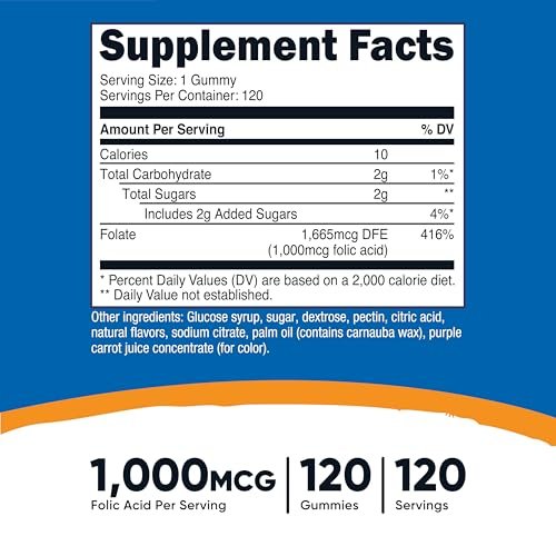 Nutricost Folsäure (Vitamin B9) Vegane Gummibärchen – 120 Stück, 1 mg Folsäure pro Portion – Nahrungsergänzung für Männer & Frauen