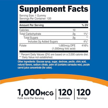 Nutricost Folsäure (Vitamin B9) Vegane Gummibärchen – 120 Stück, 1 mg Folsäure pro Portion – Nahrungsergänzung für Männer & Frauen