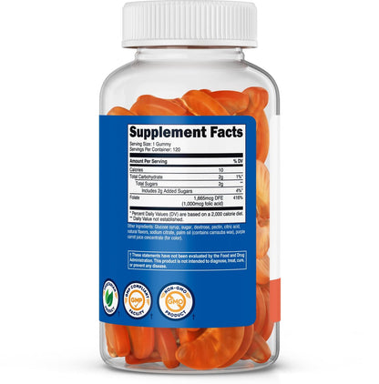Nutricost Folsäure (Vitamin B9) Vegane Gummibärchen – 120 Stück, 1 mg Folsäure pro Portion – Nahrungsergänzung für Männer & Frauen