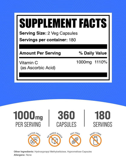 BulkSupplements.com Ascorbinsäure Kapseln - Vitamin C 1000mg, 360 Kapseln - Vegan & Glutenfrei