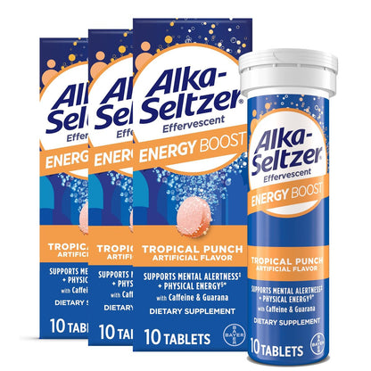 Alka-Seltzer Energy Boost: Koffein & Guarana, B-Vitamine, Unterstützt geistige Wachsamkeit und körperliche Energie, tägliches Energiepräparat, Brausetabletten, zuckerfrei, tropischer Punschgeschmack, 30 Stück