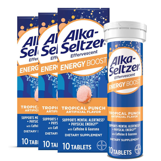 Alka-Seltzer Energy Boost: Koffein & Guarana, B-Vitamine, Unterstützt geistige Wachsamkeit und körperliche Energie, tägliches Energiepräparat, Brausetabletten, zuckerfrei, tropischer Punschgeschmack, 30 Stück