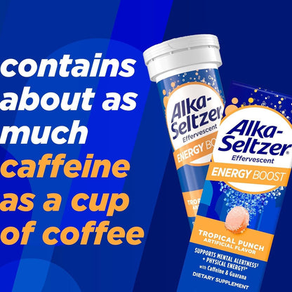 Alka-Seltzer Energy Boost: Koffein & Guarana, B-Vitamine, Unterstützt geistige Wachsamkeit und körperliche Energie, tägliches Energiepräparat, Brausetabletten, zuckerfrei, tropischer Punschgeschmack, 30 Stück