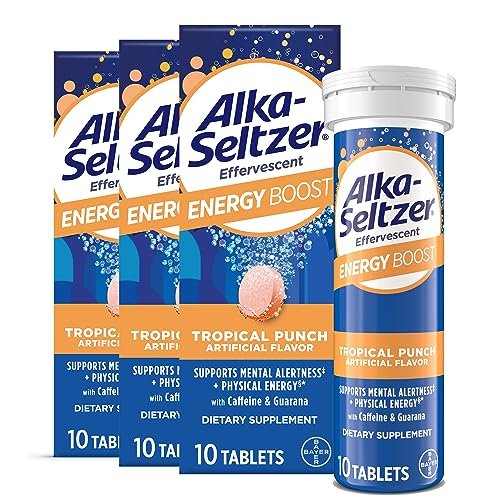 Alka-Seltzer Energy Boost: Koffein & Guarana, B-Vitamine, Unterstützt geistige Wachsamkeit und körperliche Energie, tägliches Energiepräparat, Brausetabletten, zuckerfrei, tropischer Punschgeschmack, 30 Stück