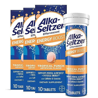Alka-Seltzer Energy Boost: Koffein & Guarana, B-Vitamine, Unterstützt geistige Wachsamkeit und körperliche Energie, tägliches Energiepräparat, Brausetabletten, zuckerfrei, tropischer Punschgeschmack, 30 Stück
